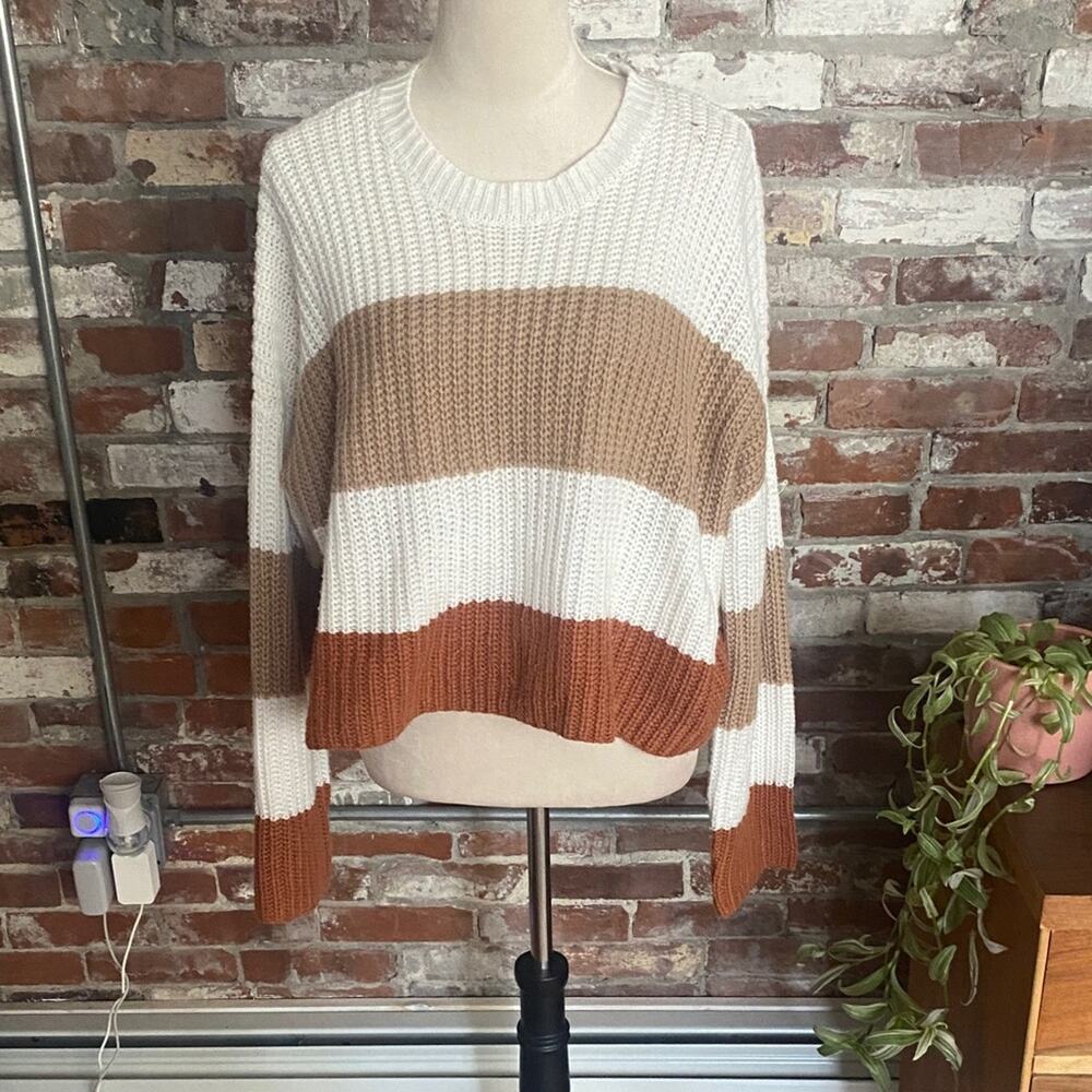 Moon & Madison Striped Knit Sweater - White, Tan, and Brown Size L